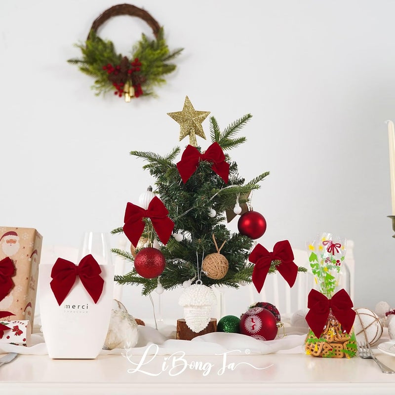 LiBongTa 3.5" Red Bows Small Velvet Ribbon Bow for Decoration, Self Adhesive Gift Bows, Rustic Bows for Christmas Tree, Treat Bags, Candy Pop, Basket, Party Favor, Craft Bow for Gift Wrapping-24 PCs - Image 4